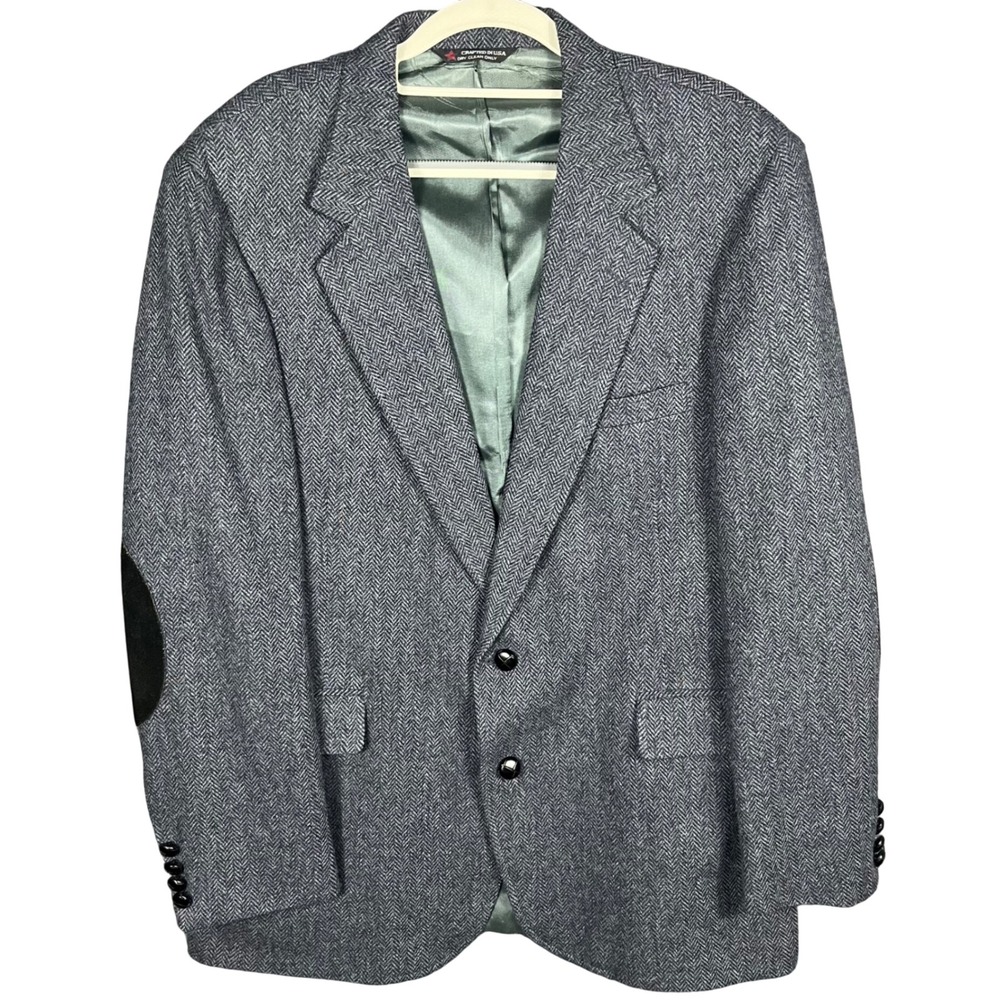 Woolrich Sport Coat Mens 43R Gray/Blue Herringbone Wool Blazer Elbow Patches USA